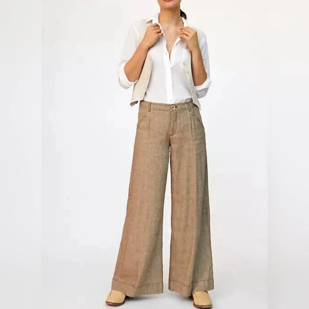Anthropologie Linen Low-Rise Wide Leg Pants Tan Beige Waist 29 - Picture 3 of 15